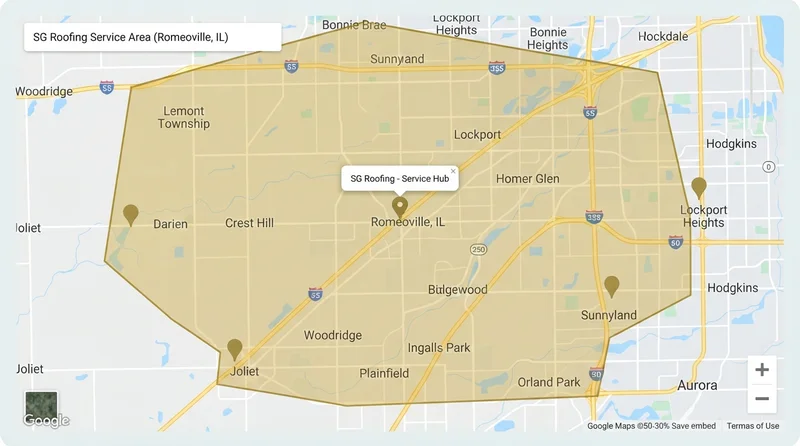 Service Area Map for SG Roofing centered