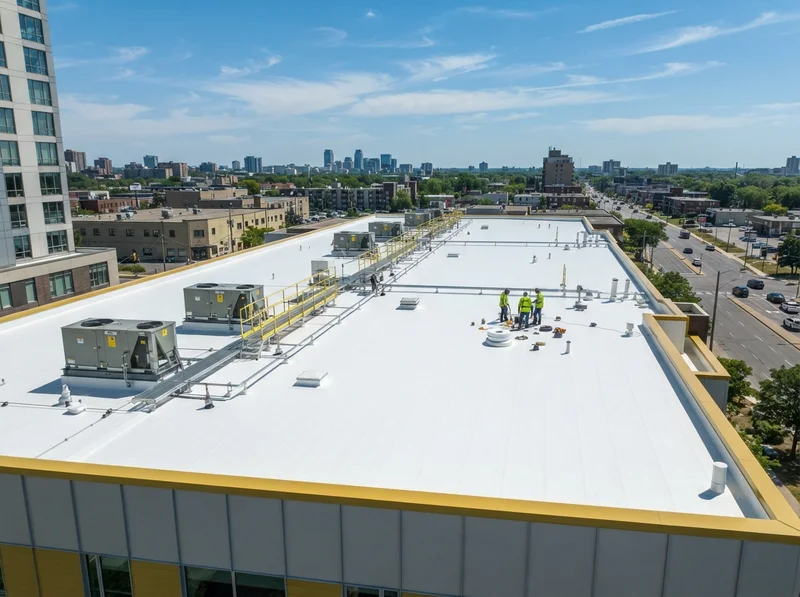 White TPO roof reflecting intense summer sunlight
